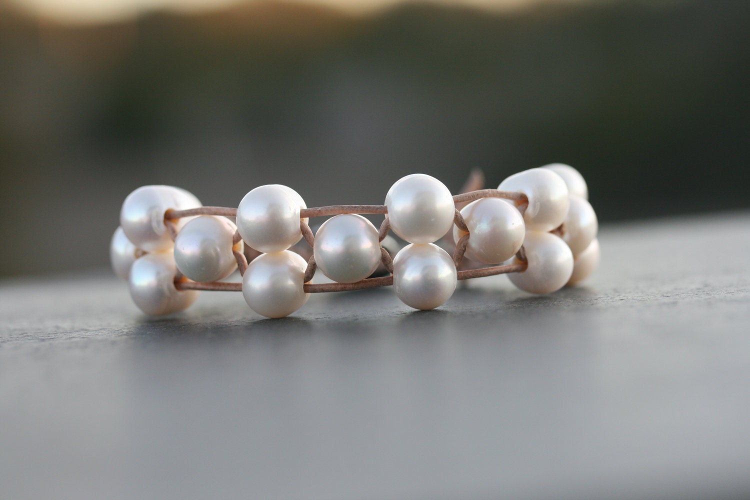 Creamy white Pearls woven leather bracelet