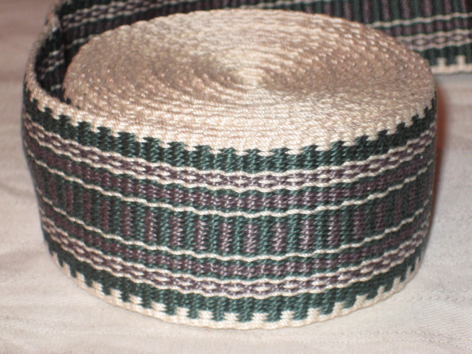 Cream, grey, and sage green hand woven inkle trim (over 14 feet)