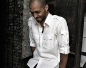 Men's White Long Sleeve Button-down Shirt w./ Epaulets