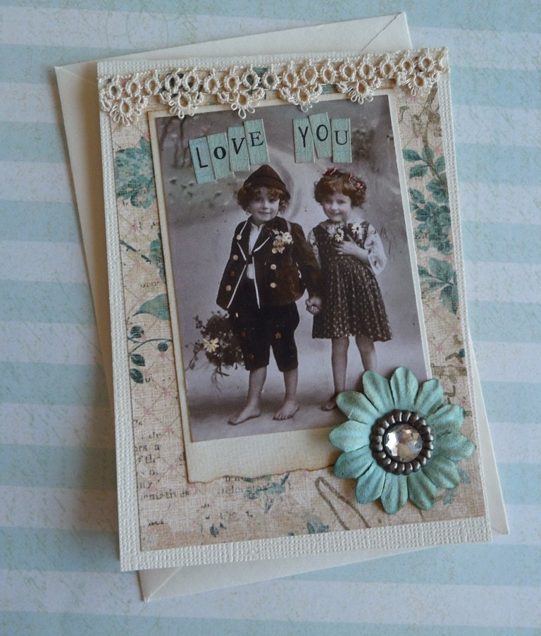 Love Themed Vintage Style Handmade Card with Old Postcard Image