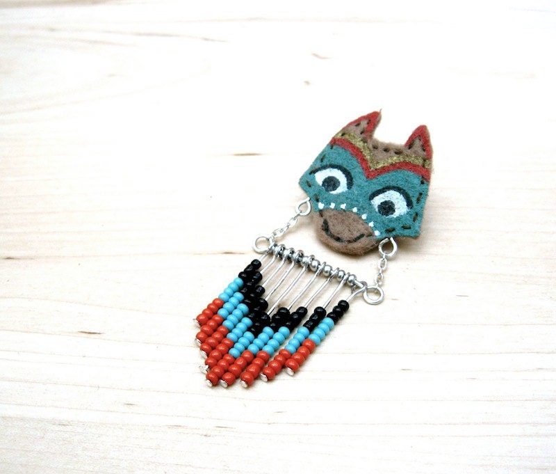 Wolf Totem - Hand painted Assembled Chevron Seed Bead Brooch Pin