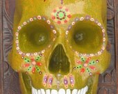 Olive-ia  - Day of the Dead Skull - Green and Orange with Purple Mandala