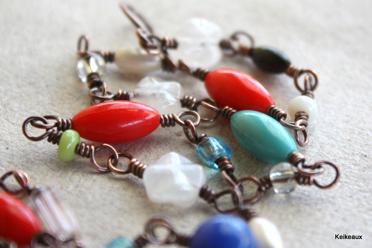 Handmade Beaded Chain Necklace Wire Wrapped Copper Primary Colors Handmade Jewelry