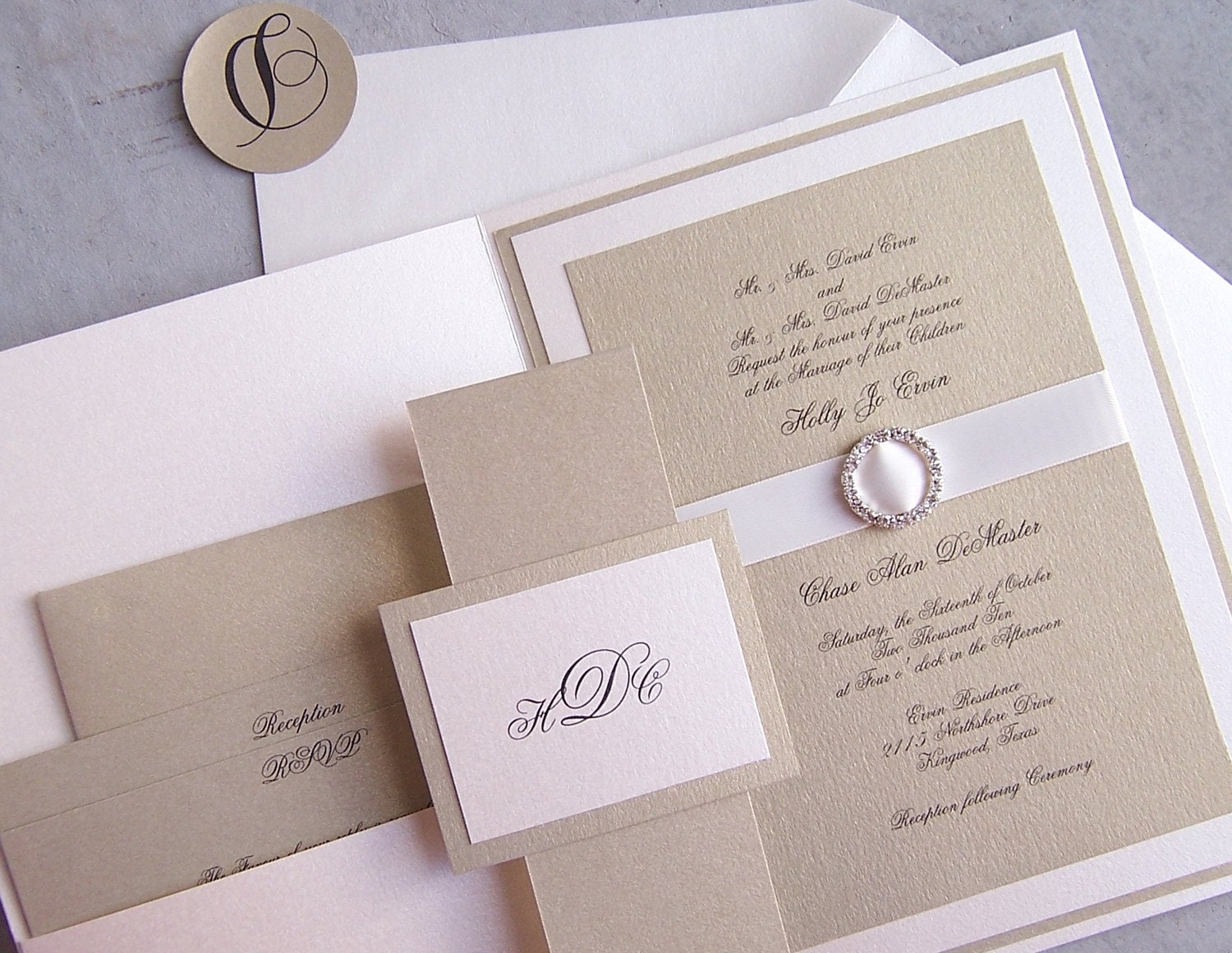 Elegant wedding invitation, gold wedding invitation, ivory wedding invitation, rhinestone wedding invitation, metallic wedding invitation
