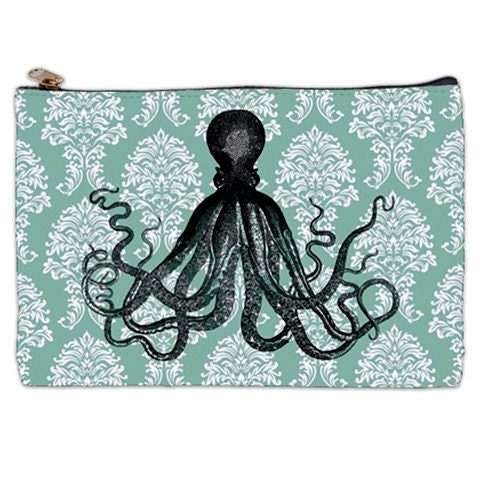 Vintage Inspired Cosmetic Case / Makeup Bag / Clutch - Octopus on Damask