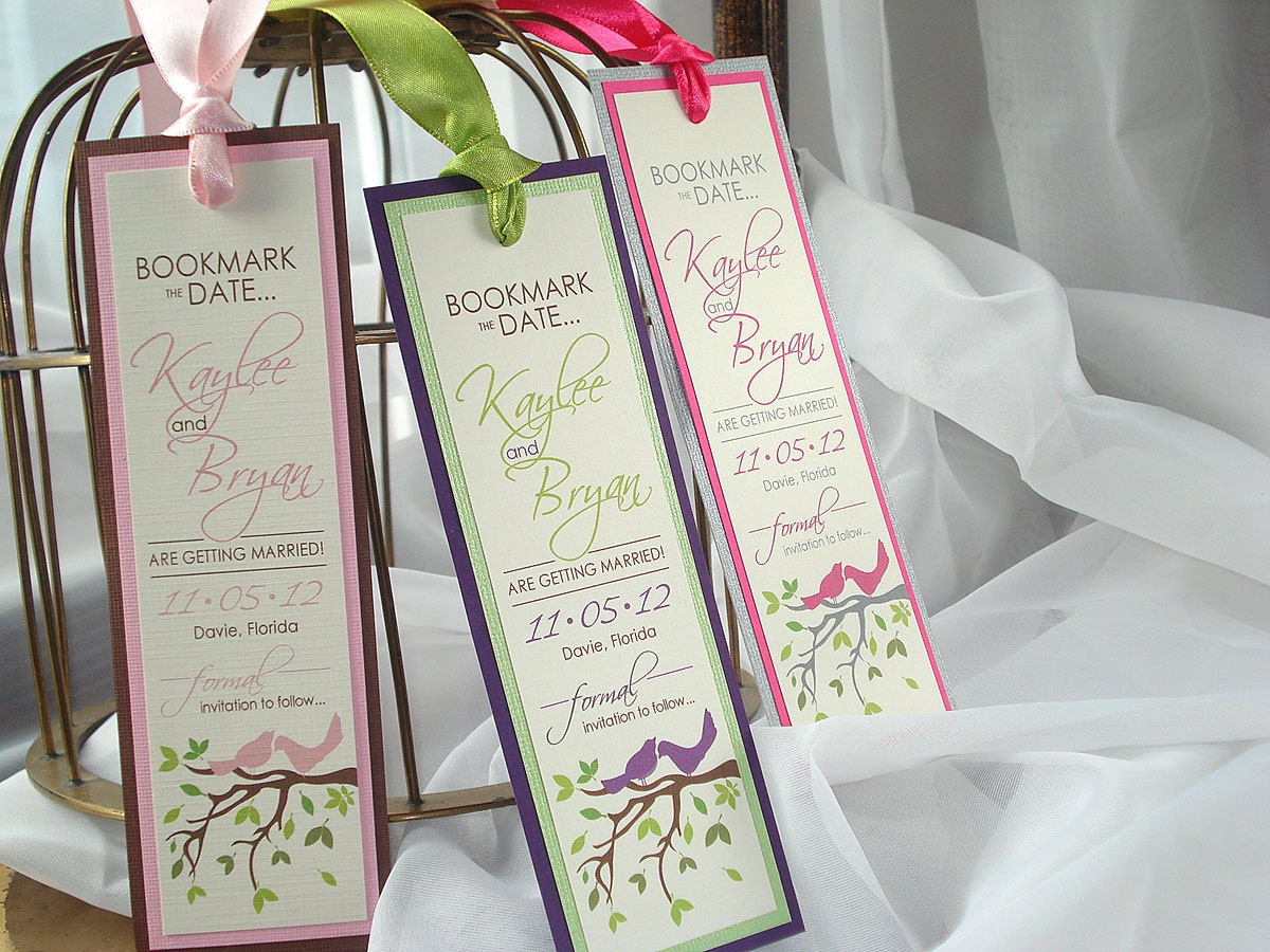 Spring Love Birds Branches and Leaves Wedding Save the Date Bookmarks... SAMPLE