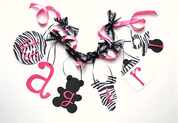 Zebra baby shower decorations, Hot Pink and Black banner with bows by ParkersPrints on Etsy Il_570xn