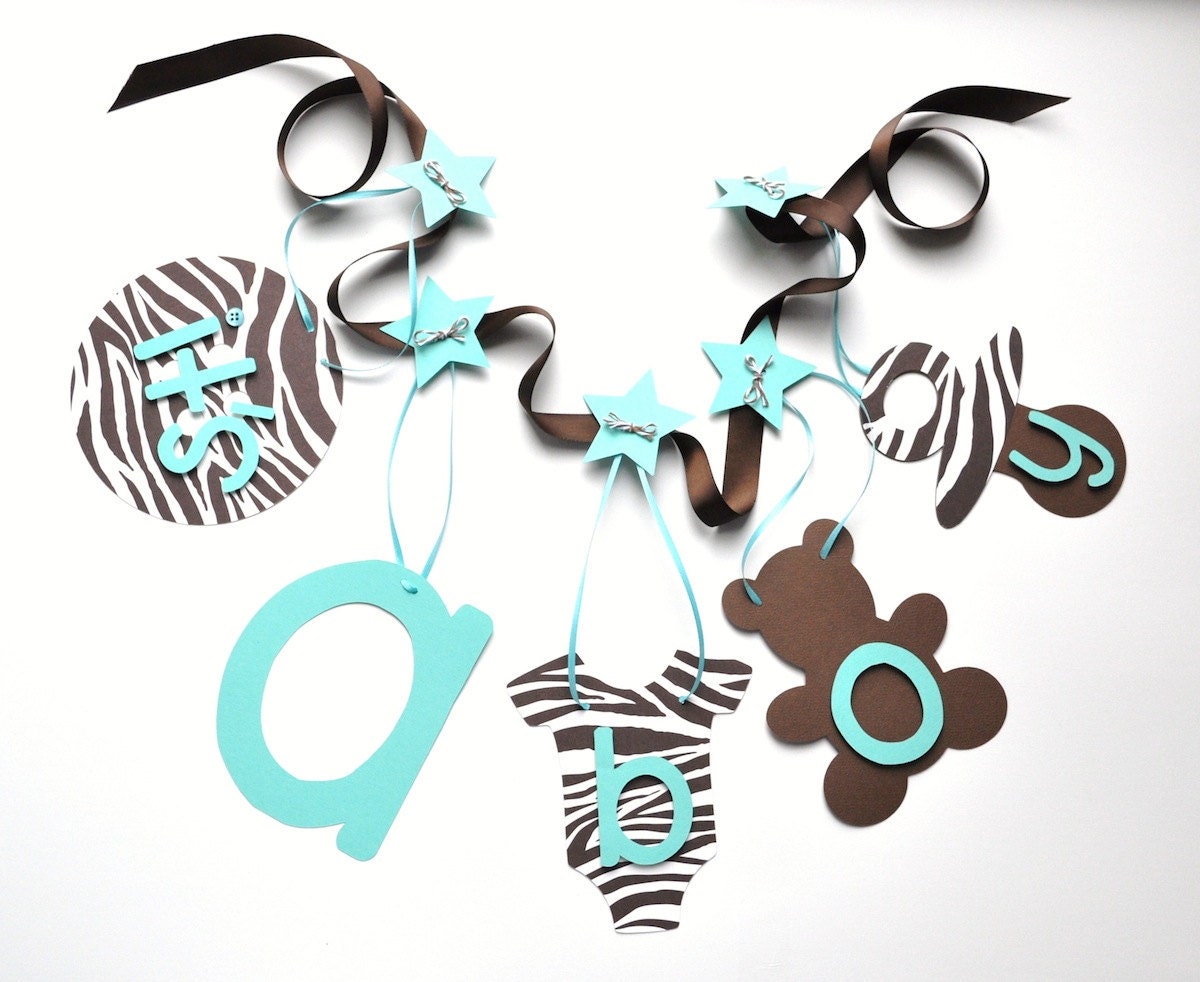 Blue and brown zebra baby shower decorations it's a boy banner by ParkersPrints on Etsy Il_570xn