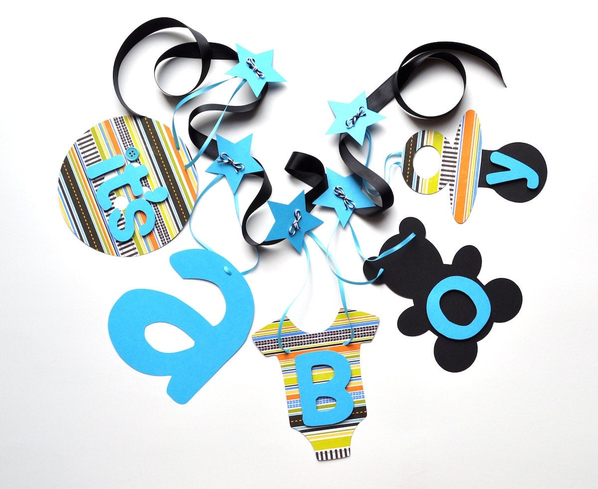 It's a boy baby shower banner decorations with blue black orange and green by ParkersPrints on Etsy Il_570xn