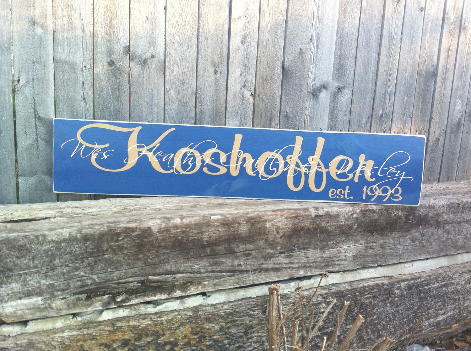 Custom made sign with family name and first names of entire family overlayed makes excellent Christmas gift