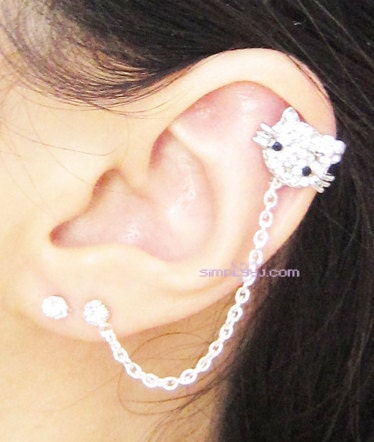 Pink Rhinestone Hello Kitty Flower Chain Double Piercing Earring