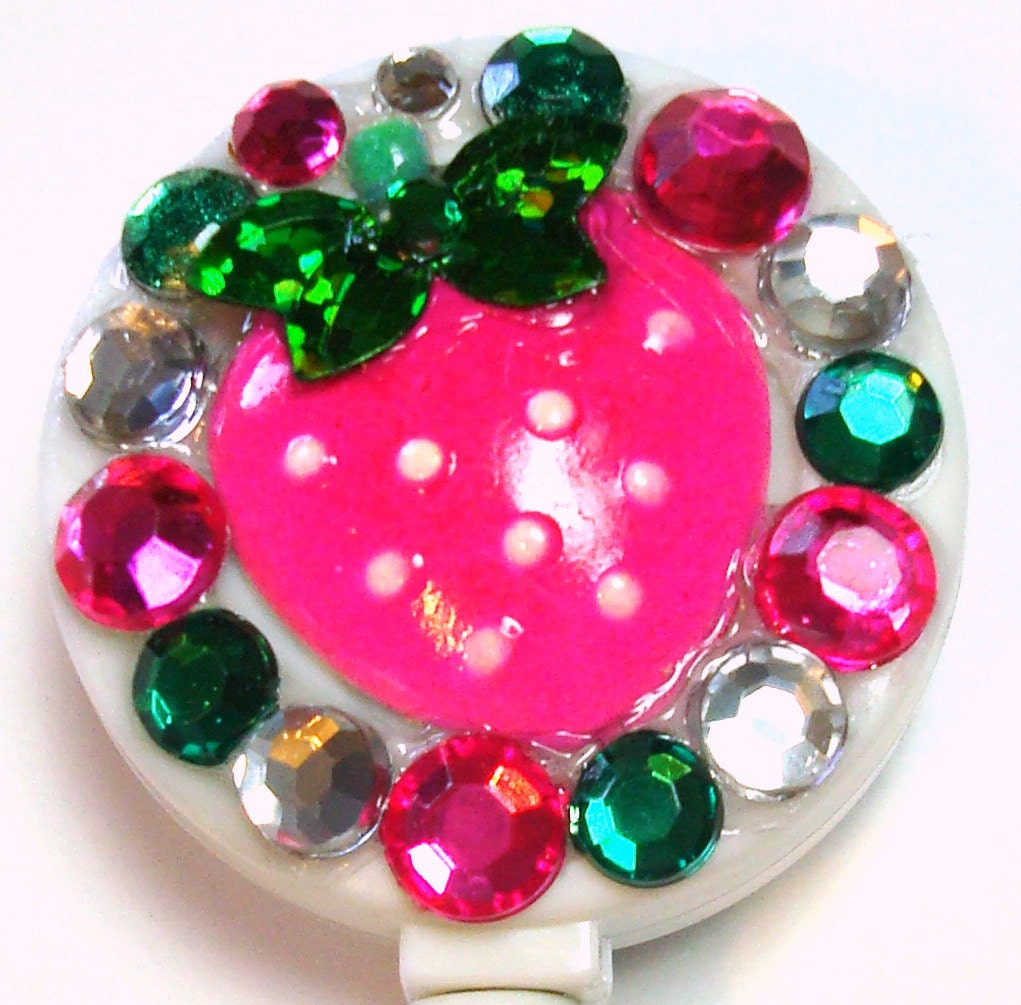 Pink and Green Strawberry and Rhinestone Embellished ID Badge Reel