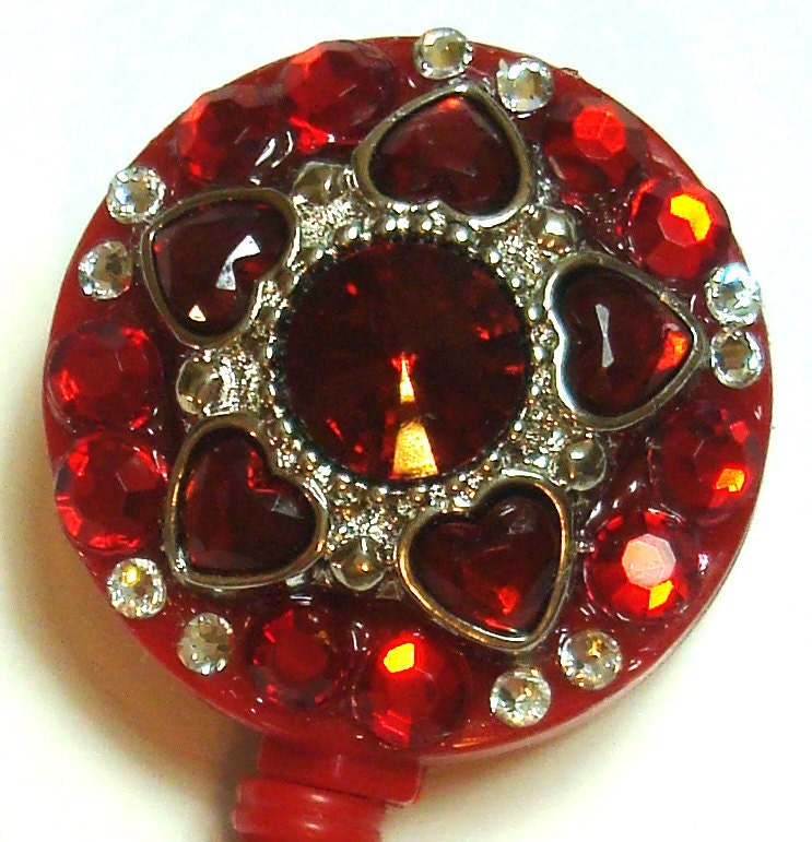 Red Heart Rhinestone Button and Swarovski Crystal Embellished ID Badge Reel