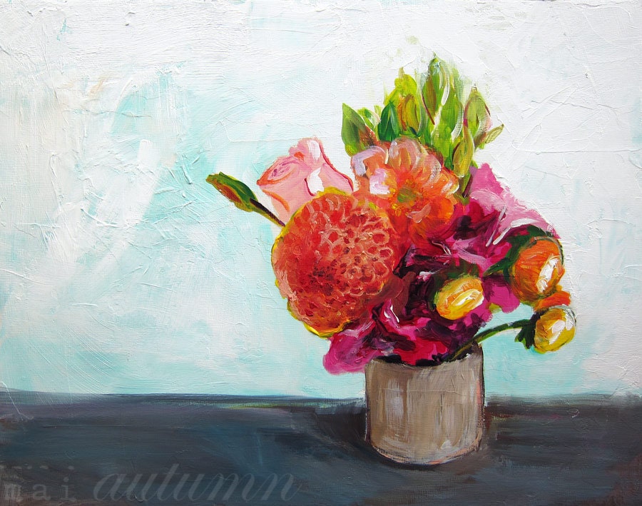 30% Off SALE - Acyrlic Painting - Summer Bouquet - 8x10 Print of Original Painting - Dahlia with flowers - Bright and Colorful Impressionis
