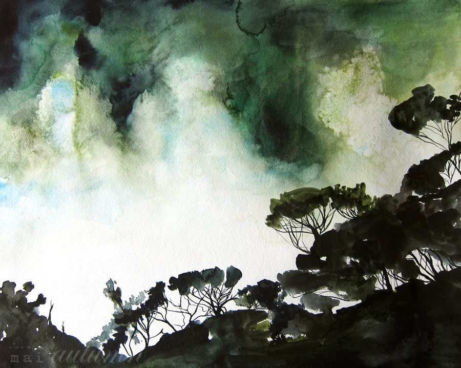 30% Off SALE - Tropica - Wall Art - Tropical Landscape Painting - Original Watercolor Painting - Wall Decor - 16x20