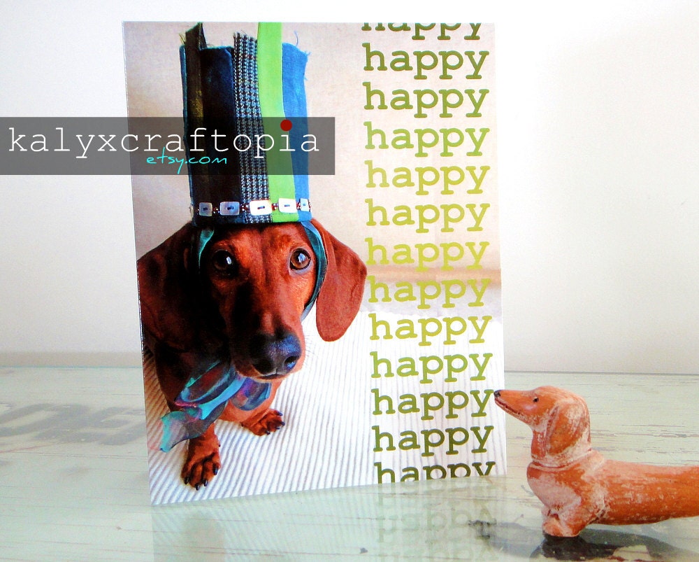 Happy Birthday Dachshund Blue Green Ombre Crown Card