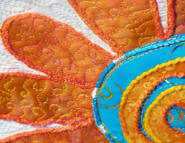 MarveLes AMAZING DAISIES Art Quilt Tablerunner Wall Hanging Turquoise Orange Pink Multi
