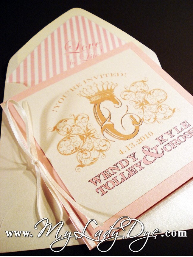 Shabby Chic Layered Book Wedding Invitation Suite - Delicate Scrolls Pale Pink Gold Ivory - By My Lady Dye