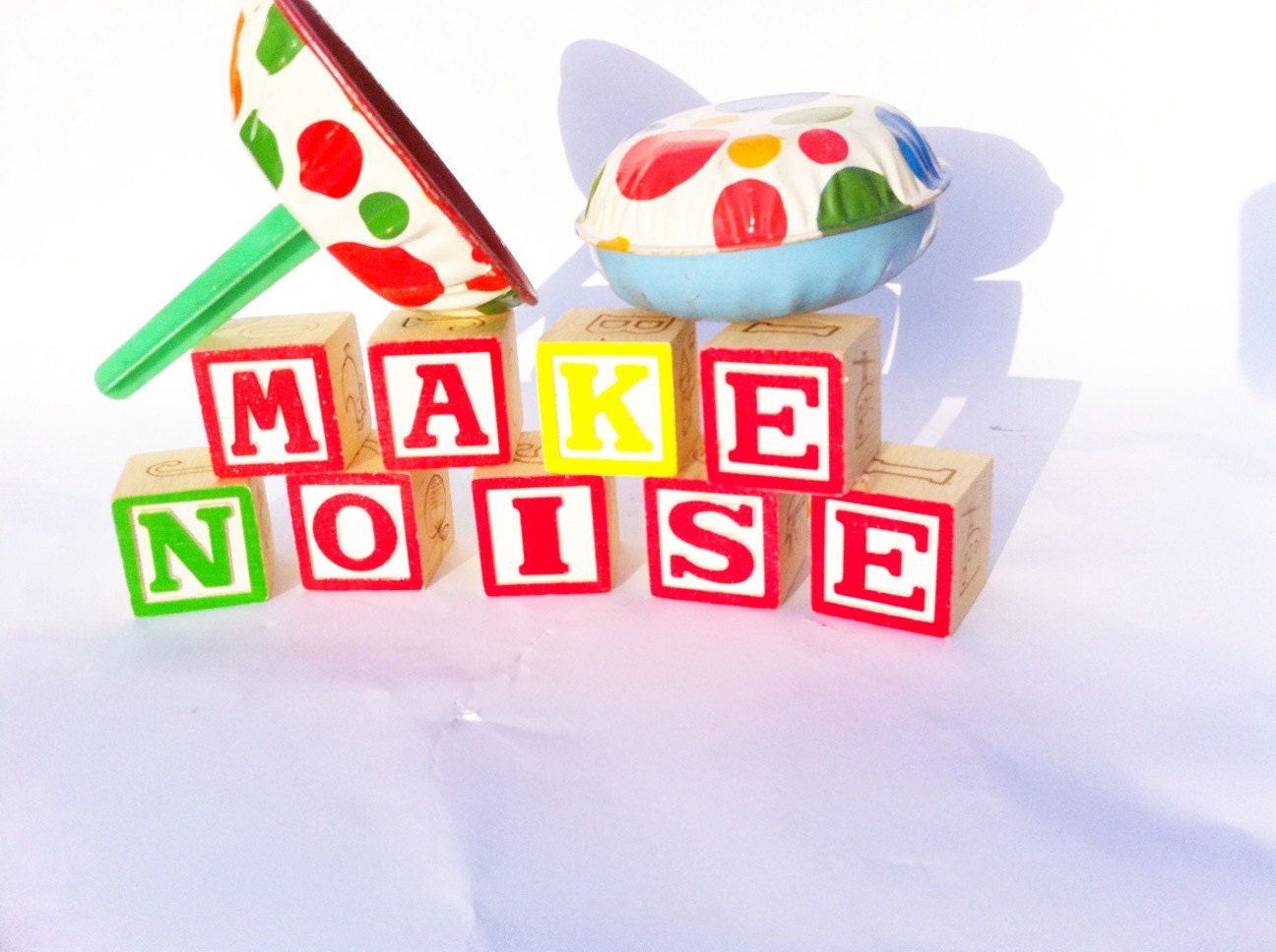 Vintage polka dot toy noisemakers.  Set of 2 rattler metal tin noise makers - instant collection.  Kirchhof.