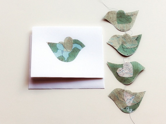 recycled map paper bird mobile garland greeting card heart modern minimal