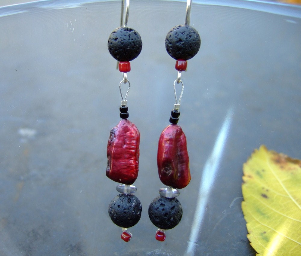 Red Lava, biwa pearl and lava stone earrings