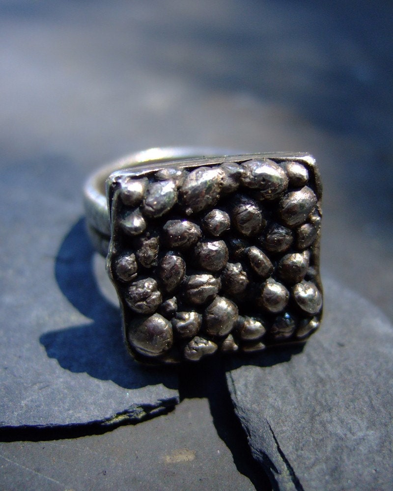 Womens large square textured silver cocktail ring: Pebbles