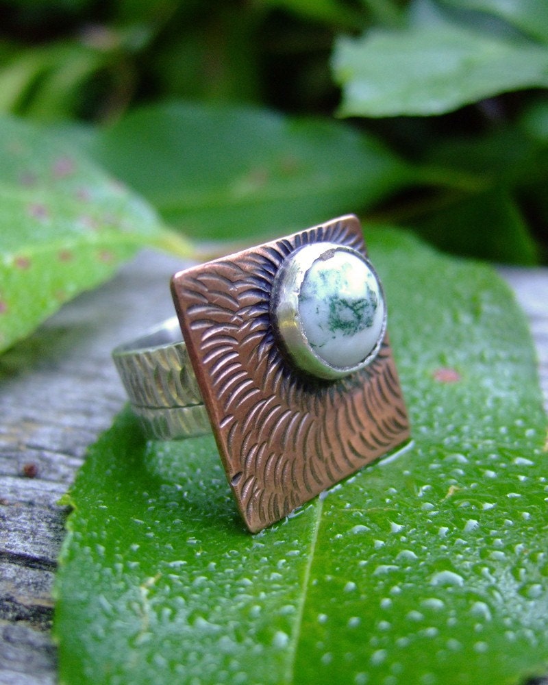 Women's square agate silver hammered copper cocktail ring: Sun