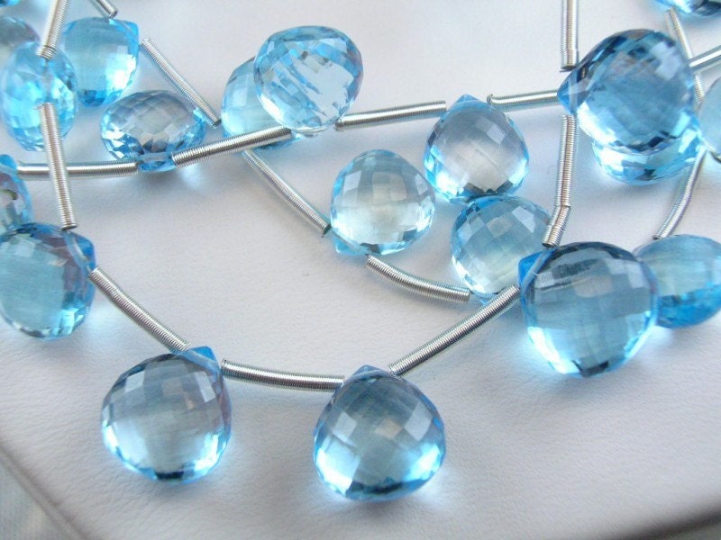 Blue Topaz Heart Briolettes, AAA, Micro Faceted,8-11mm, 19 Briolettes