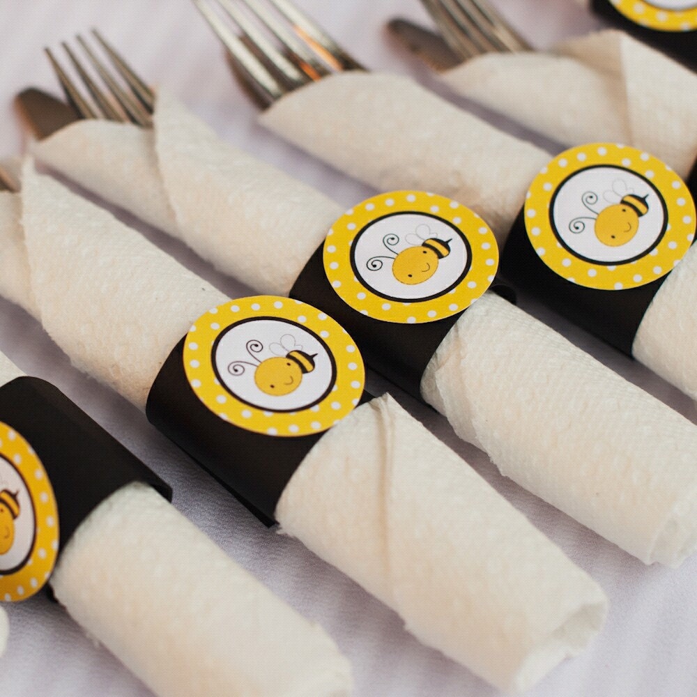 Napkin Rings - Silverware Wraps - Bee Theme - Happy Birthday Party and Baby Shower Decorations in Yellow & Black (12) Il_170x135