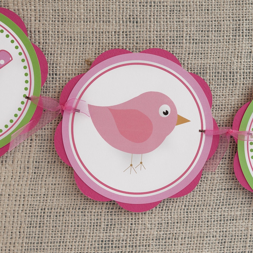 Birthday Banner: HAPPY BIRTHDAY Banner, Birthday Party Decoration Sign - Birdie Theme in Hot Pink and Green Il_570xn