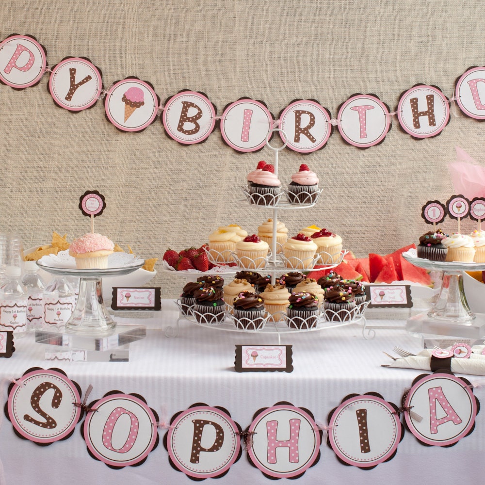Ice Cream Cone Theme Cupcake Toppers - Sweet Shoppe Happy Birthday Party Decorations in Pink and Brown