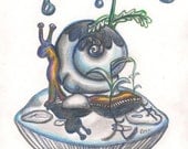 Indigo Rain drawing of a snail with a daisy umbrella on a mushroom