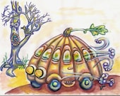 Punky Pumpkin Car Halloween Carpool for fast safe Trick or Treating 5x7 print eco conscious green