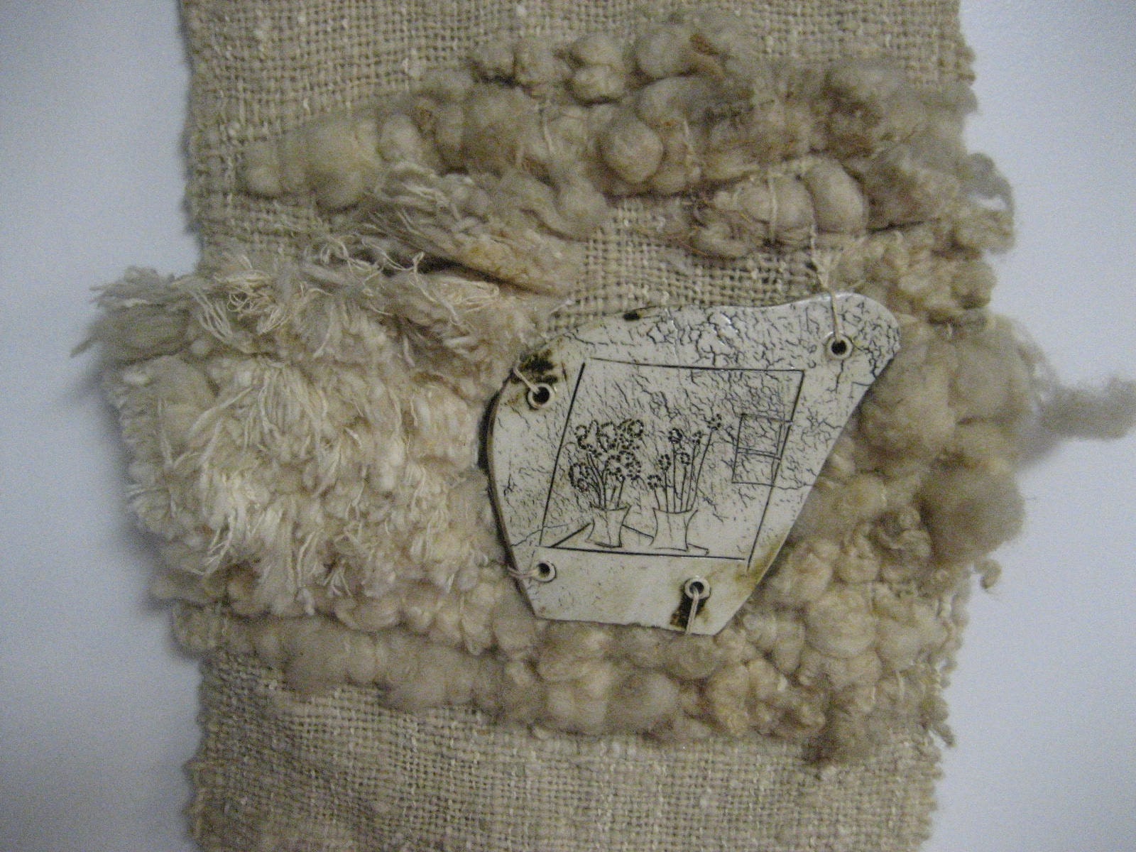 White on White  Vintage  Wool and Ceramic Wall Hanging