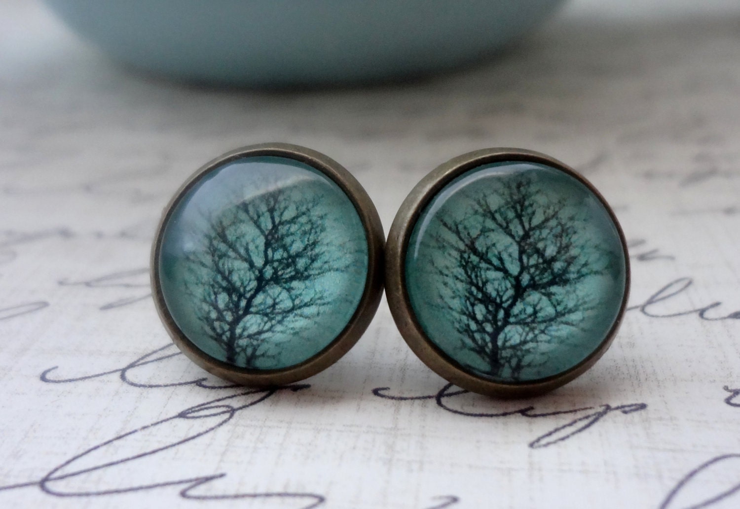SHOP SALE- Aqua Tree Post Earrings in AntiqueBrass
