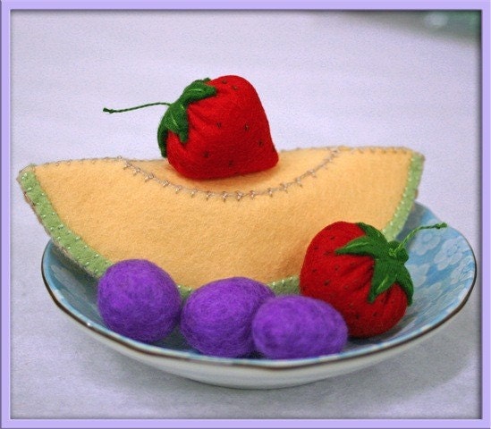 Wool Felt Play Food - Cantaloupe Slice - Waldorf Inspired Play Kitchen Accessory for Imaginative Play