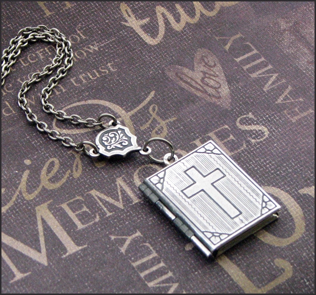 Silver Book Locket Necklace- Enchanted Book of Faith - Jewelry by TheEnchantedLocket - RELIGIOUS Wedding Anniversary Confirmation Gift