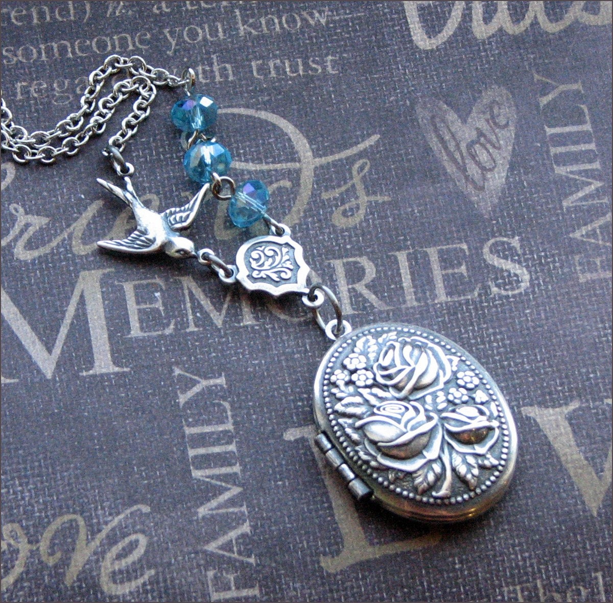 Silver Locket Necklace - Enchanted Blue Roses - By TheEnchantedLocket