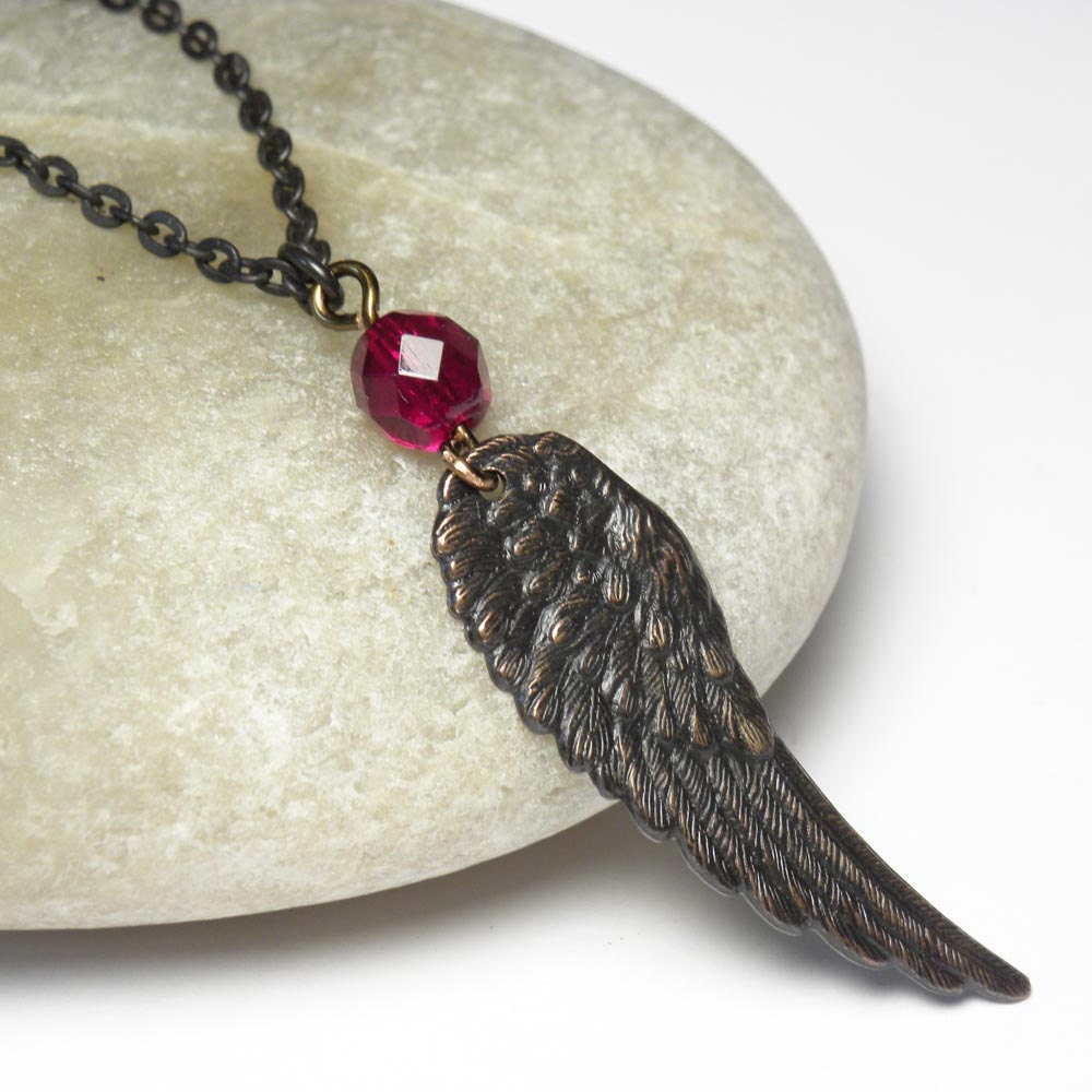 Wing Necklace Dark Wing Brass and Beaded Pendant