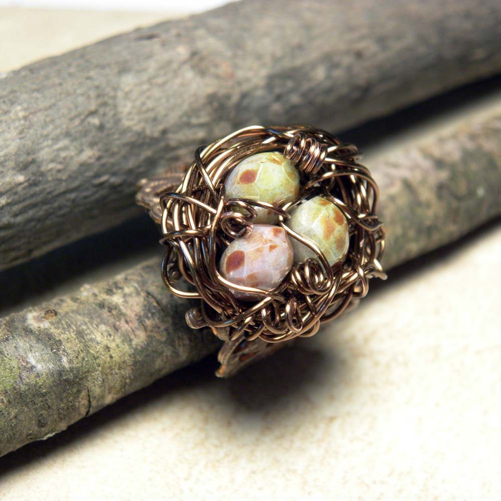 Vintaj Brass & Czech Glass Wire Wrapped Adjustable Bird Nest Ring