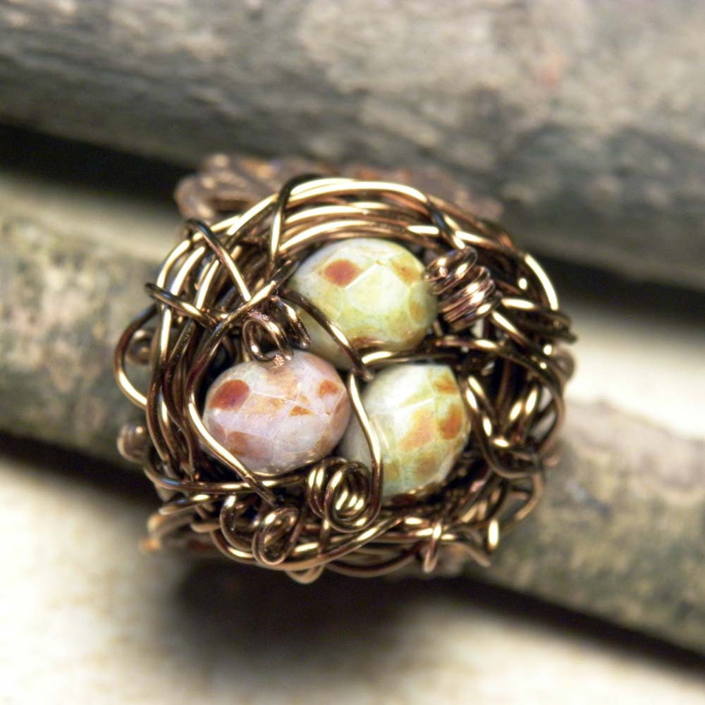 Vintaj Brass & Czech Glass Wire Wrapped Adjustable Bird Nest Ring