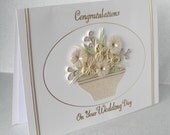 Handmade quilled wedding congratulations card with quilling flowers