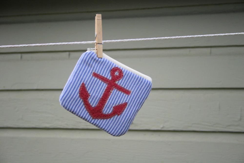 Blue Seersucker Zip Pouch with Anchor