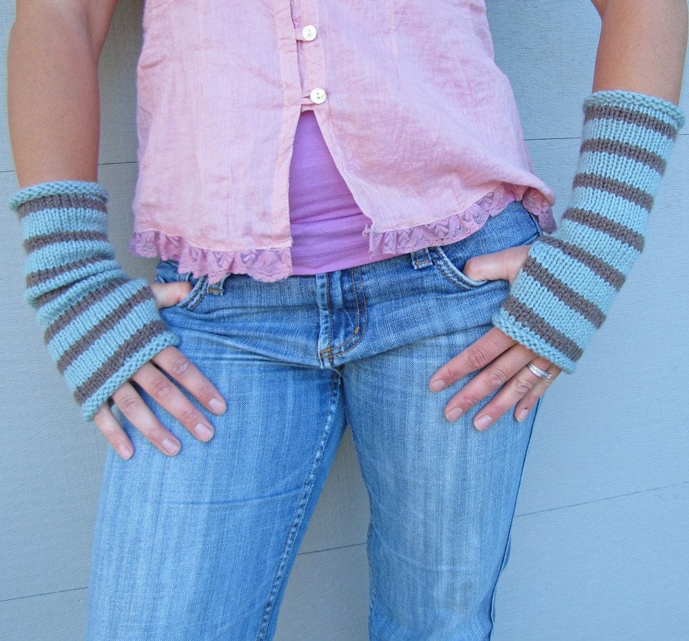 Striped sleeve fingerless gloves taupe and seafoam blue
