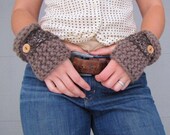 Chunky knit fingerless glove cuffs in Taupe with wood buttons
