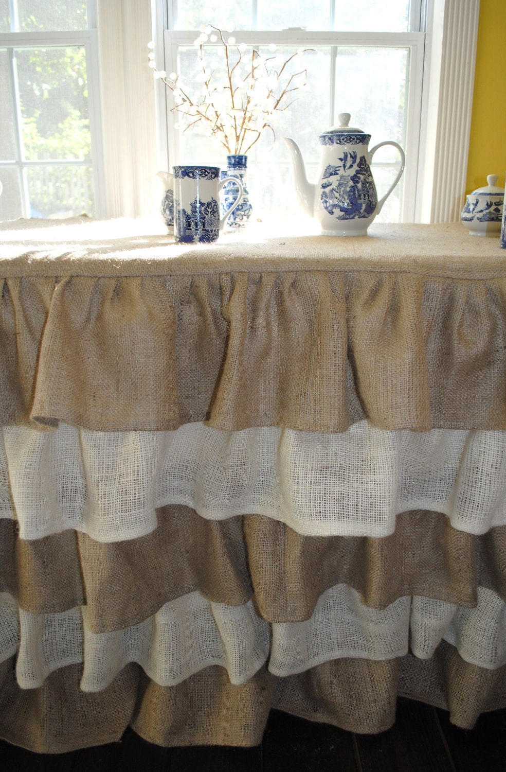 Natural and Cream Burlap Ruffled Tablecloth