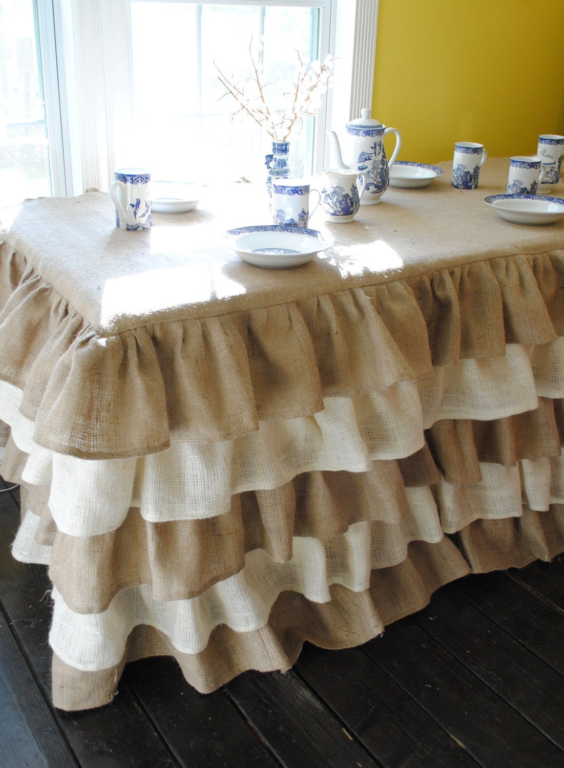 Natural and Cream Burlap Ruffled Tablecloth