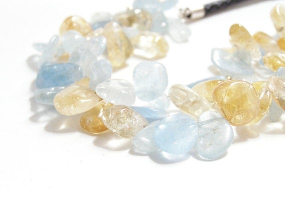 Petals - Citrine and Aquamarine necklace citrine yellow blue leather cord handmade in Israel