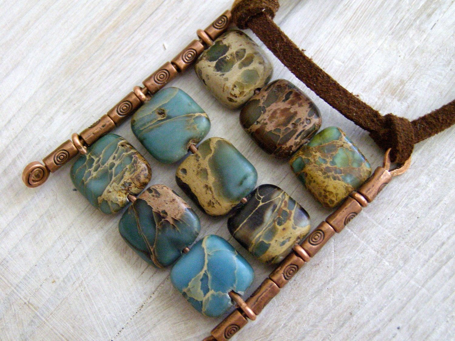 Nine squares pendant tile natural blue green mint turquoise gemstone on suede casual necklace Israel art made in Israel