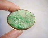 Asian Carved Apple Green Jade Brooch  Excellent Floral Carving Sterling Vintage Jewelry